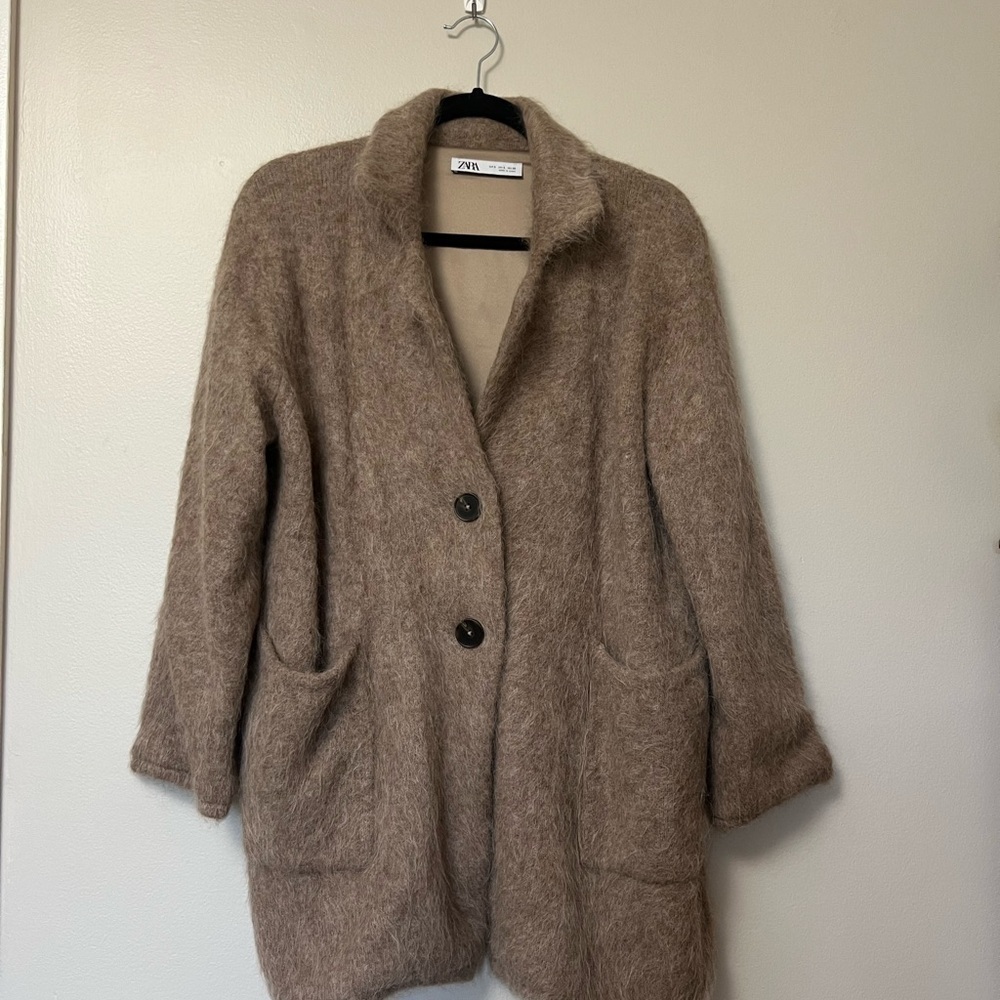 Zara Brown Alpaca button front longline Oversized Jacket/cardigan Cozy Fit - Picture 2 of 10